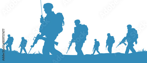 Silhouettes of Armed Soldiers on Military Patrol, Modern Army Infantry Squad Marching with Rifles, Tactical Warfare Vector Illustration Defense Security Background