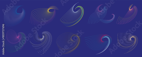 Vibrant gradient vector line art collection featuring colorful geometric wavy shapes on a deep blue background mesh illustration. 