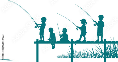 Silhouette of children fishing from a dock over water, capturing outdoor leisure, friendship, and peaceful nature moments.