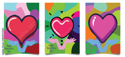 Set of four vibrant modern Valentine's Day posters showing hands holding shiny hearts with abstract shapes vector illustration. 