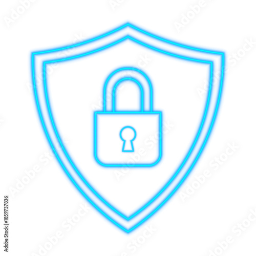 Neon glowing blue padlock outline symbol for digital security privacy lock and data protection icon on transparent background