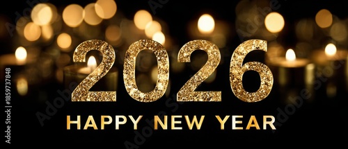 New Year 2026 Celebration Background with Golden Bokeh Lights on Black, Copy Space