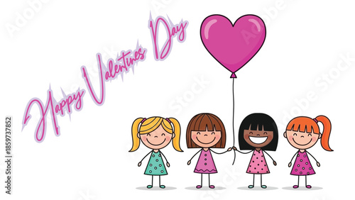 Wallpaper Mural Valentine Day banner with cute cartoon girls holding heart shape balloon greeting card design for kids and school vector illustration.  Torontodigital.ca