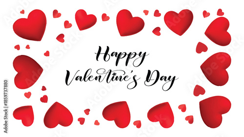 Red hearts frame for Valentine's Day with elegant calligraphy text on a transparent background, decorative border design vector illustration. 