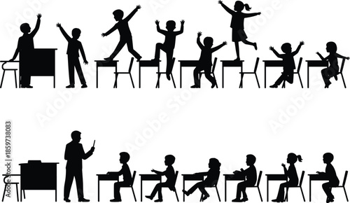 School Classroom Silhouettes Showing Active and Calm Children with Teacher, Education Behavior Concept Comparing Playful and Disciplined Students, Learning Environment Vector Illustration