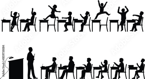 Black-and-white silhouette illustration contrasting chaotic and disciplined classroom scenes, highlighting student behavior, teaching styles, and educational environment dynamics.