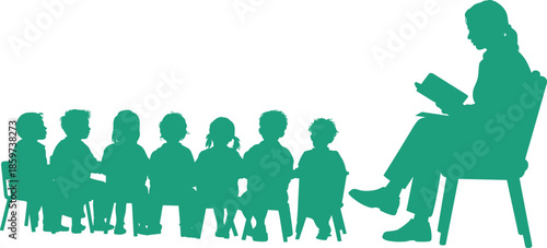 Silhouette of a person reading to children in a group setting, representing early education, storytelling, and literacy development.