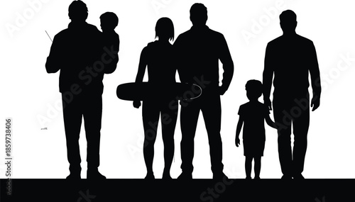 Family Silhouettes Standing Together with Parents and Children, Modern People Figures Isolated on White Background, Concept of Togetherness, Protection and Lifestyle Vector Illustration
