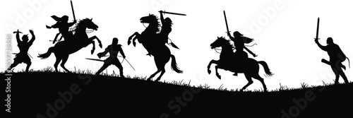 Epic Medieval Battle Silhouettes with Warriors and Horsemen Fighting with Swords, Ancient Warfare Combat Scene, Historical Action Vector Illustration on White Background