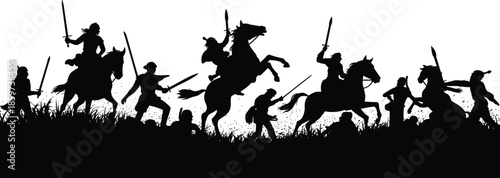 Black and white silhouette illustration of a dramatic battlefield scene with warriors on horseback and foot engaged in intense combat.