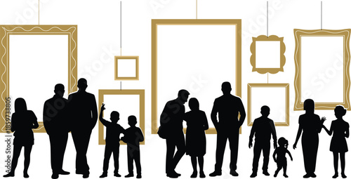 Museum Gallery Visitors Silhouettes with Families and Children Viewing Empty Picture Frames, Art Exhibition Interior Scene, People Observing Artwork, Vector Illustration on White Background