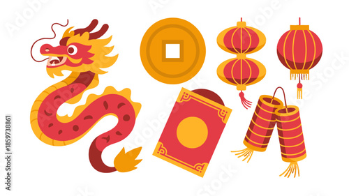 A festive illustration featuring a dragon, lanterns, coin, and red envelopes.