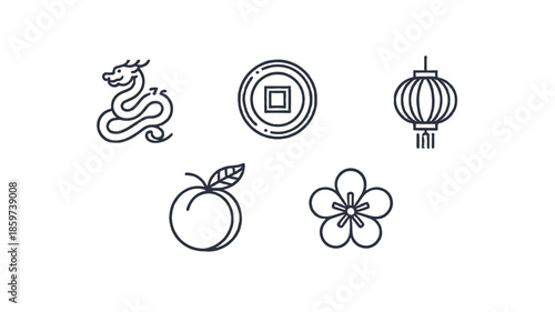 A collection of diverse icon elements of the new year, line art style.