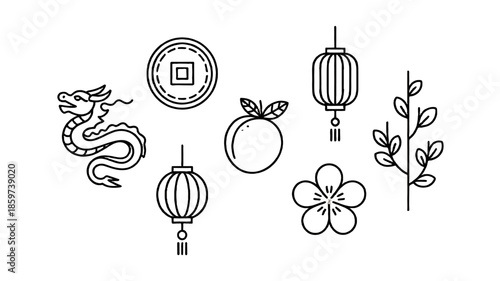 Elegant line drawings of traditional items, depicting various elements of Chinese culture.