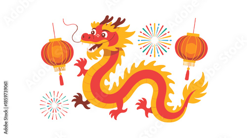 A vibrant illustration featuring a stylized dragon with lanterns and fireworks, representing cultural celebration.