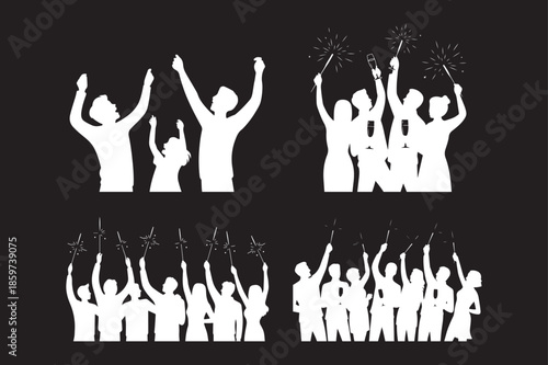 vector silhouettes of people, Happy Family New Year Celebration Silhouette, Friends Party Celebration Silhouette Vector, Family and Friends Party Night Illustration