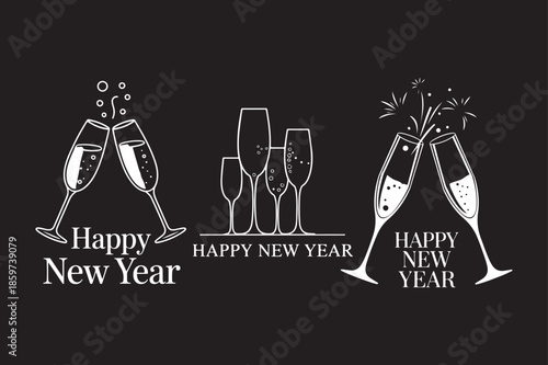 Champagne Glasses Cheers Silhouette Design, Minimal New Year Celebration Icon Set, Happy New Year Champagne Glass Silhouette