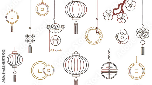 Elegant line art illustration of traditional Asian ornaments and lanterns.