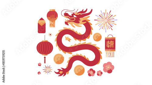 A festive arrangement of cultural decorations featuring a dragon.