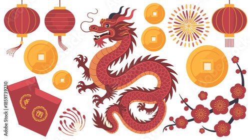 Festive illustration of the Chinese New Year with lanterns, dragon, and coins.