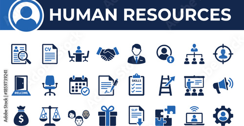 Human Resources and Hiring Vector Icon Set. HR, Recruitment, Resume, and Talent Management Symbols. Blue Flat Design Style.