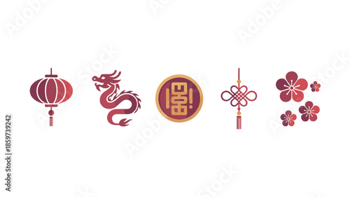 A collection of Chinese New Year related elements with lantern and dragon.