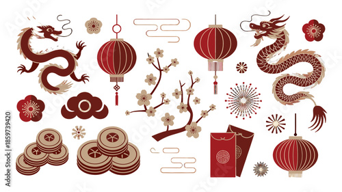 A vibrant illustration of festive Chinese New Year elements.