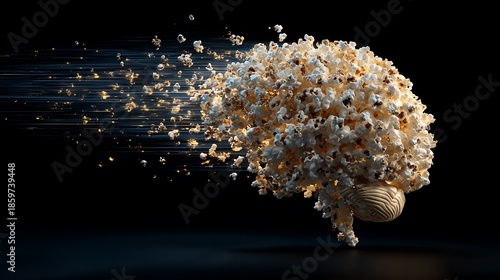 Conceptual artwork of a brain dissolving into popcorn on a black background