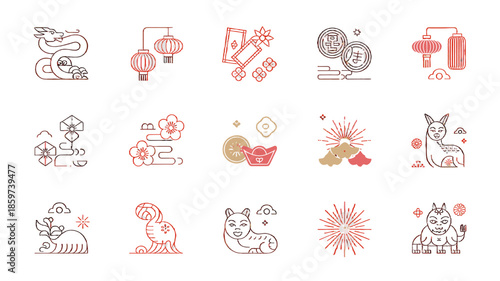 Collection of festive illustrations related to Chinese New Year.