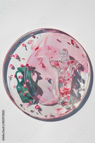 A circular ceramic or glass dish featuring abstract floral patterns in pink, green, and red tones. 