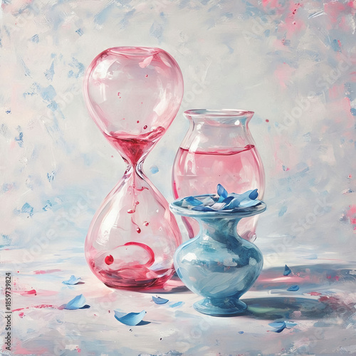 A conceptual still life featuring a pink hourglass and a blue vase with pink liquid and petals.