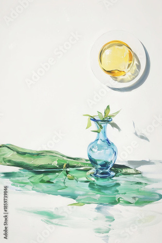 A delicate still life featuring a blue glass vase with pink petals and a yellow drink casting soft shadows. The composition is arranged on a reflective surface with watercolor-like.