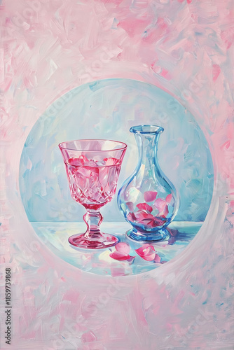 A soft still life featuring a pink wineglass and a blue bottle, both containing delicate pink petals.