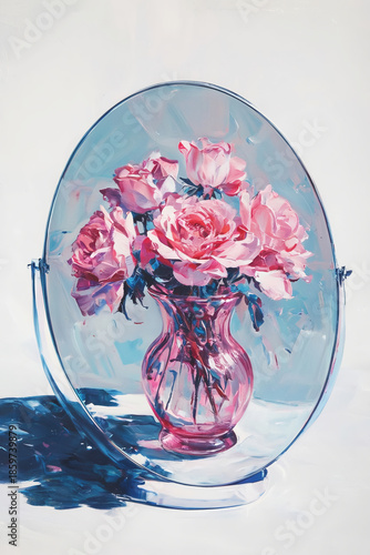 An expressive illustration of a bouquet of pink roses arranged in a transparent glass vase. 