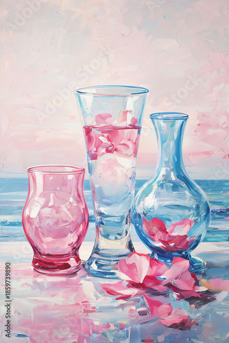 A serene still life featuring glass bottles and vases filled with pink flower petals.