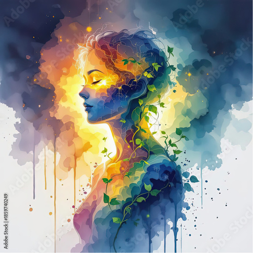 Abstract woman silhouette made of layered watercolor emotions,  joy as golden sunrise, sorrow as indigo rain, hope as emerald vines, minimalist white void, soft rim light.eps