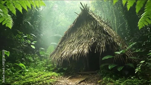 Serene jungle hut surrounded by lush greenery and ferns