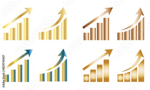 Financial Growth and Business Success Bar Charts with Upward Arrows Icon Set in Metallic Gradients