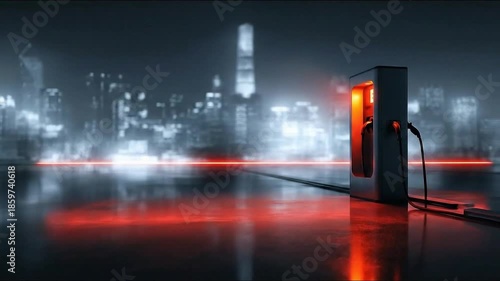 Electric vehicle charging station in modern cityscape at night