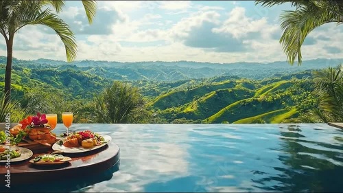 Tropical getaway with floating breakfast in infinity pool overlooking lush green hills