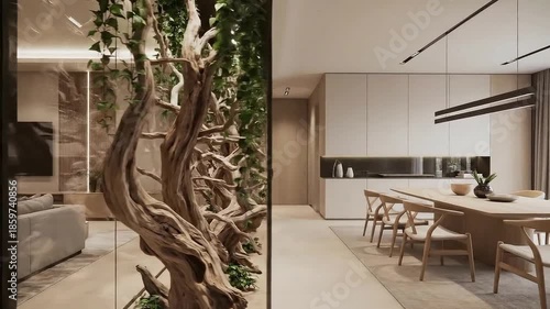 Modern living room with tree in glass partition wall