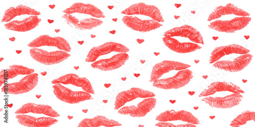 Seamless vector pattern with pink and red lipstick kiss marks and hearts for love and fashion design. Valentine's day card or romantic post cards. Design heart elements for valentine message. 