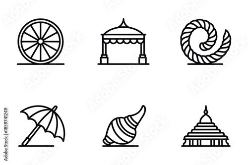 Ratha Yatra festival symbols and religious line art icon set