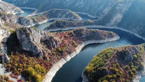 Wide aerial panorama of Uvac River curves, Serbia