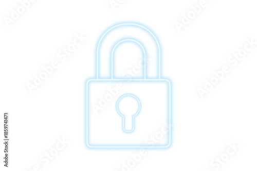 Neon glowing white padlock outline symbol for digital security privacy lock and data protection icon on transparent background