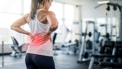 Woman standing in a gym feeling discomfort in her lower back while exercising in bright light during a workout session