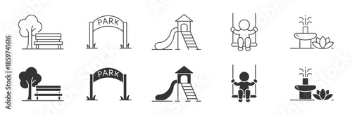 Public Park Icons Set, Playground and Recreation Area Symbols, Bench, Slide, Swing and Fountain Concept, Vector Illustration . 