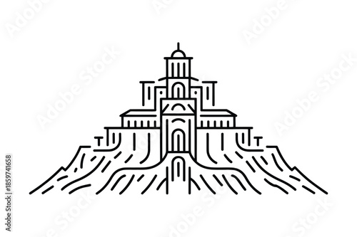 Stylized Mountain Monastery and Island Abbey Line Art
