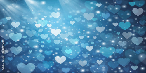Bright abstract blue bokeh background with defocused glowing circles, perfect for a winter or Christmas design backdrop. Valentines day, aquarelle illustration. Set of hand painted watercolor hearts. 