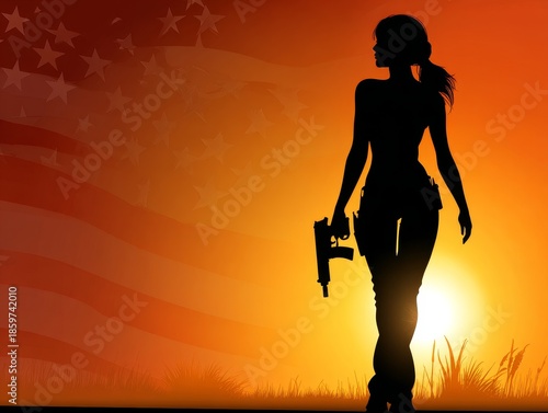 Woman silhouette holding gun with american flag sunset